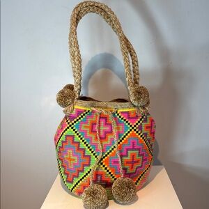 Le Pom Pom rainbow and tan large drawstring weeved bucket bag NWOT